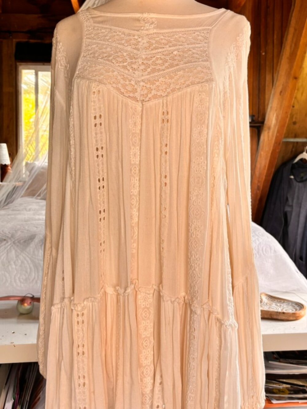 Free People "Kiss Kiss" Tunic Ivory Crochet Lace Boho Tiered tunic Size L